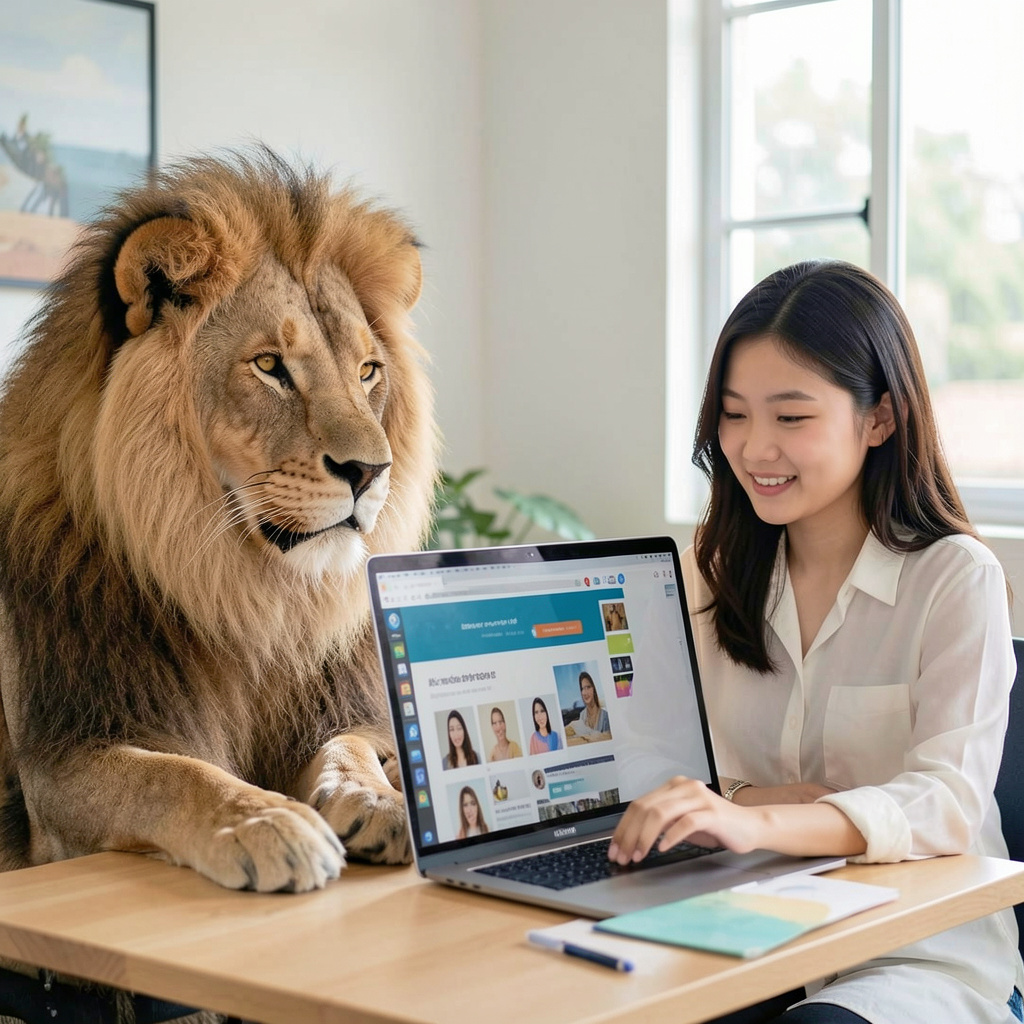 KingzMedia lion mascot beside a client reviewing a website on a laptop
