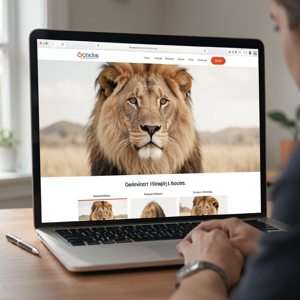 KingzMedia lion mascot on a laptop website with a team member
