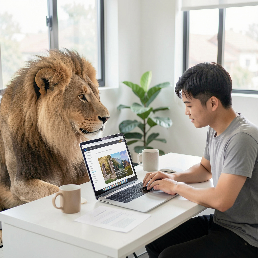 A lion mascot and a client reviewing a website together on a laptop