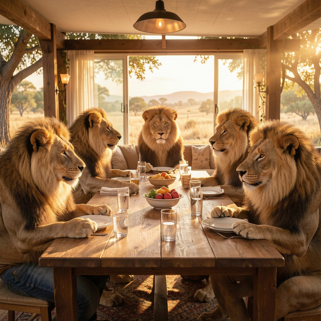 KingzMedia lion mascots gathered around a table in a collaborative setting