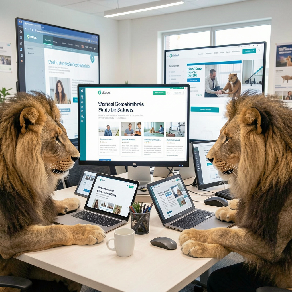 KingzMedia lion mascots working together at a digital design workstation